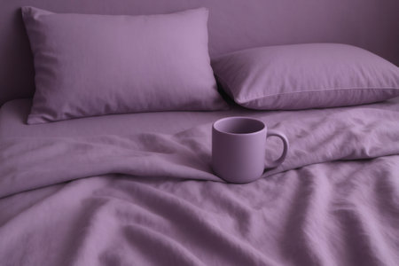 Purple ceramic mug standing on an unmade bed with purple sheets and pillows, monochrome still life in lavender shadesの素材