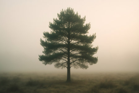 Majestic pine tree emerging from a foggy field, creating a serene and evocative atmosphere at dawnの素材