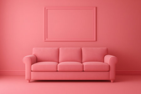 Pink monochrome interior with sofa and empty frame hanging on the wall, perfect for mockups and compositionsの素材
