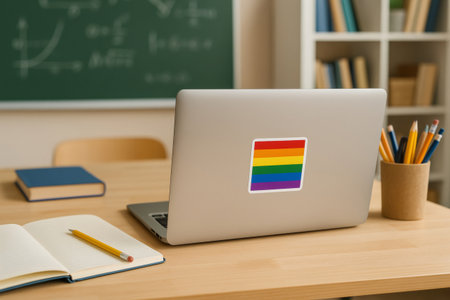 Laptop with rainbow flag sticker in a classroom, promoting inclusivity, diversity, and LGBTQ plus rights in educationの素材