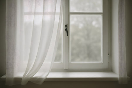 Transparent white curtain caressing a window sill with a blurred outdoor view, creating a peaceful and bright atmosphereの素材