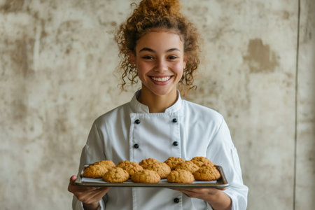 Young baker proudly presenting a tray of golden brown, freshly baked cookies, showing the delicious results of bakingの素材
