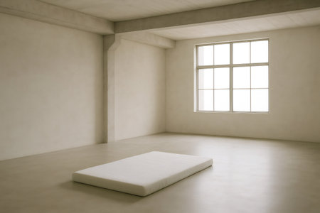 White mattress placed on the floor of a minimalist loft, characterized by concrete pillars and a large window, creating a simple and spacious atmosphereの素材