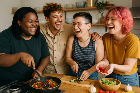 Four joyful friends laughing and enjoying each other's company while preparing a healthy meal in a modern kitchen filled with vibrant vegetablesの素材