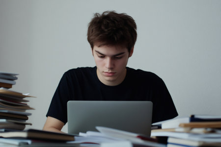 Young man concentrating on his laptop, surrounded by stacks of books and papers, highlighting the demands of studyingの素材