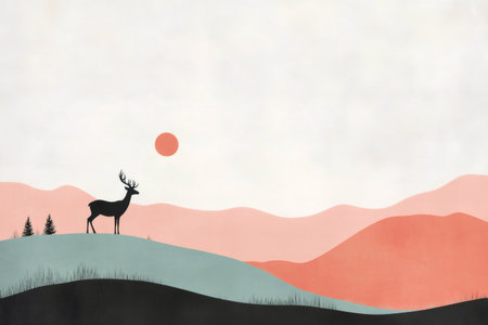 Minimalist illustration of a deer standing on a hill with a pastel colored sky and rolling hills in the backgroundの素材