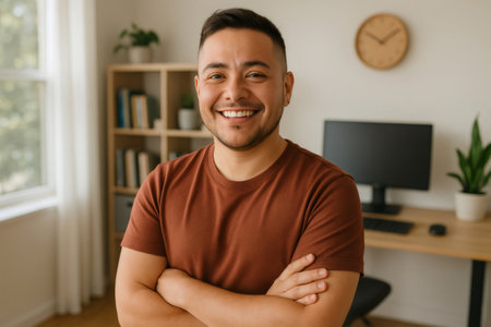 Portrait of a smiling latin man standing with arms crossed in his home office, showing confidence and competence in his remote workの素材