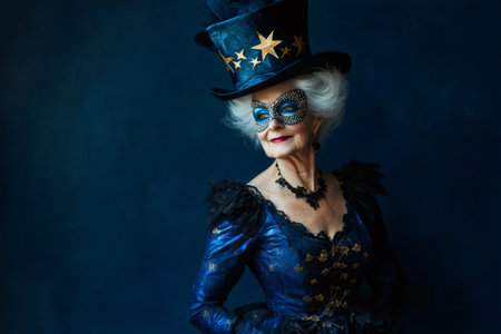 Elegant mature woman wearing a blue and gold magician costume with mask and top hat, posing for a studio portraitの素材