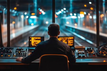 Railway dispatcher working at night in control room, managing train traffic and ensuring smooth operations on the tracksの素材