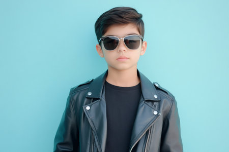 Stylish boy wearing sunglasses and black leather jacket posing on a vibrant turquoise background, showcasing a cool and confident attitudeの素材