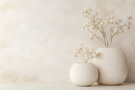 Elegant minimalist creamy white interior with dried flowers in round vases standing on a wooden tableの素材