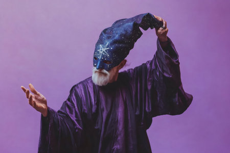Elderly man with a white beard, dressed in a purple wizard robe, adjusts his starry mask against a vibrant violet backdropの素材