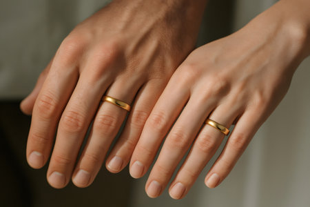 Close up of a newlywed couple displaying their matching gold wedding rings, symbolizing their commitment and loveの素材