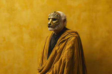 Studio portrait of an elderly man wearing a golden lion mask and a toga posing against a yellow backgroundの素材