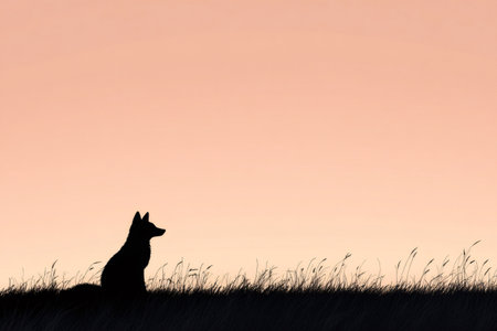 Silhouette of a fox sitting in a field of grass during a beautiful sunset, creating a peaceful and minimalist sceneの素材
