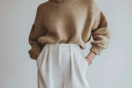 Fashionable woman showcasing a minimalist outfit featuring a beige knitted sweater and elegant white trousers, highlighting a sophisticated and modern styleの素材