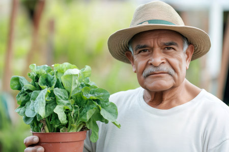 Portrait of a confident Latin American farmer proudly holding a vibrant potted plant in his flourishing garden, showcasing dedication to sustainable agricultureの素材