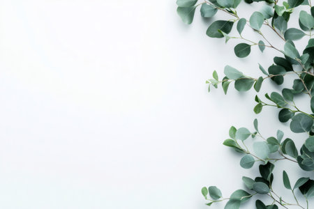 Eucalyptus branches with green leaves creating a border on a pure white background, offering copy space for wellness or nature themed designsの素材