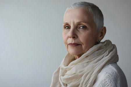 Studio portrait of stylish senior woman wearing light colored scarf and sweater, exuding confidence and timeless beautyの素材