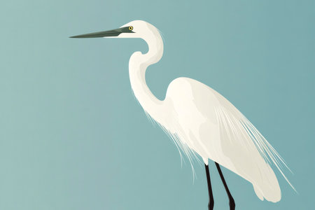 Minimalist illustration of a great egret with white feathers and black beak and legs, standing on a light blue backgroundの素材