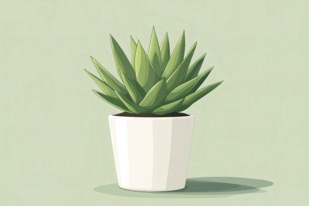Small succulent plant growing in a white ceramic pot on a light green background, minimalist style illustrationの素材