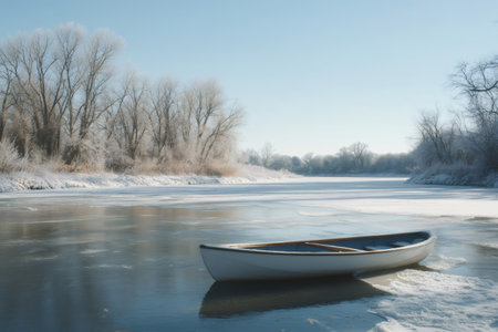 Minimalist winter scene featuring a white canoe resting on a frozen river surrounded by snow covered trees and reflecting in the icy waterの素材