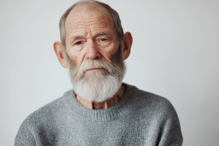Portrait of a serious senior man wearing a gray sweater and sporting a long white beard against a minimalist white backdropの素材