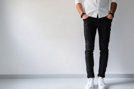 Minimalist fashion shot of a young man wearing a white shirt, black jeans and white sneakers, posing with hands in pockets against a white wallの素材