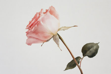 Minimalist watercolor painting capturing the delicate beauty of a single pink rose with green leaves and stem on a white backgroundの素材