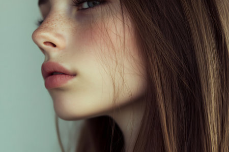 Profile of a young woman highlighting her natural beauty, emphasizing freckles, full lips, and flowing brown hair, creating a minimalist yet elegant aestheticの素材