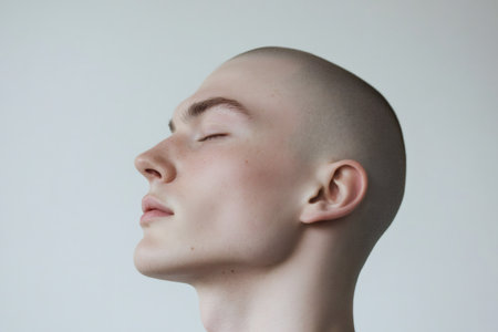 Profile of a young man with a shaved head, eyes closed, fully embracing a peaceful moment of relaxation and mindfulnessの素材