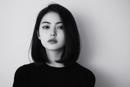 Black and white portrait of a young Asian woman with short hair wearing a black turtleneck sweaterの素材