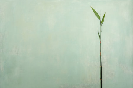 Minimalist depiction of a single bamboo stalk with leaves, standing against a textured light green backdrop, creating a serene and natural aestheticの素材