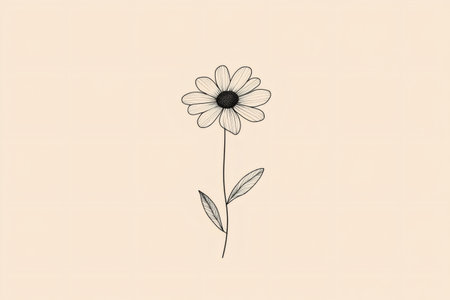 Minimalist line art illustration of a daisy flower growing on a beige background, simple and elegant designの素材
