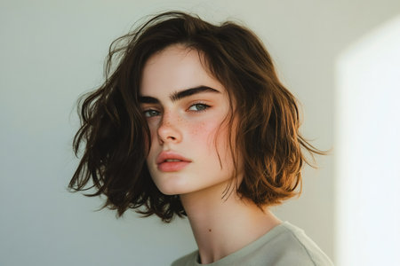 Minimalist portrait of a fashion model posing with short, wavy, brown hair and freckles, illuminated by natural lightの素材