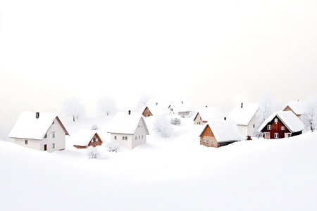 Charming chalets and houses composing a small village covered by snow during winter season, creating a peaceful and idyllic atmosphereの素材