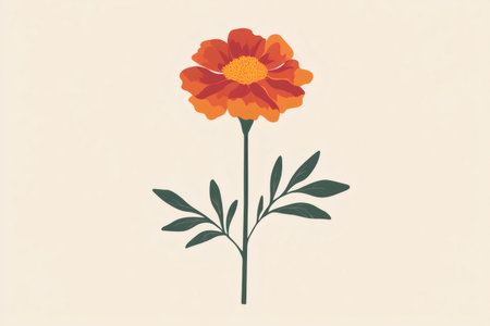 Minimalist illustration of an orange marigold with stem and leaves over a plain beige background, representing simplicity and beauty in natureの素材