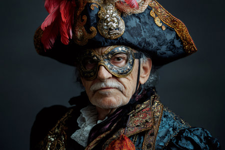 Portrait showcasing an elegant senior man adorned in a stunning Venetian carnival costume and mask, embodying the spirit of tradition and celebrationの素材