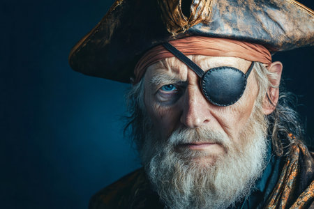 Close up portrait of a senior man dressed as a pirate, wearing an eyepatch, a tricorn hat, and bandana, conveying a sense of adventure and experienceの素材