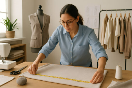 Fashion designer measuring vibrant textiles on a wooden table in a creative atelier, surrounded by tools of the trade and inspirationの素材