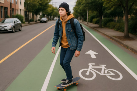 Stylish student skateboarding through a bike lane on a vibrant autumn day, carrying a backpack while heading to schoolの素材