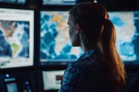 Female dispatcher monitoring vessel locations on a global map displayed on multiple computer screens in a dark control roomの素材