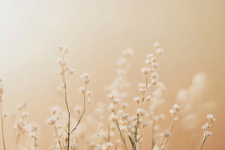 Soft peach background with delicate white flowers growing in warm sunlight, creating a serene and minimalist atmosphereの素材