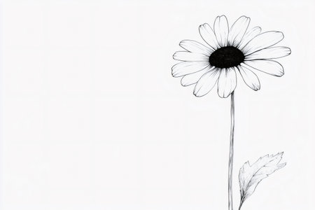 Minimalist black and white illustration of a single daisy flower on a white background, creating a simple yet elegant designの素材