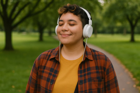 Young person wearing headphones is listening to music and walking in a peaceful park, enjoying the tranquility and natureの素材