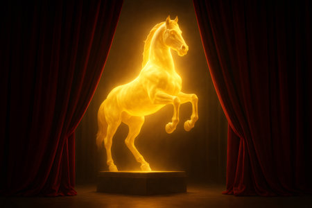 Majestic golden horse statue illuminated on a stage with red curtains, creating a dramatic and mysterious atmosphereの素材