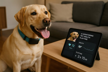 Golden Labrador Retriever with smart collar and digital tablet displaying health and playtime data, showcasing pet technology for monitoring well beingの素材