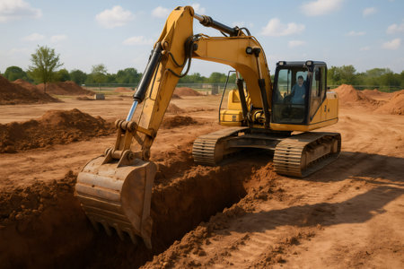 Yellow excavator digging a trench in a construction site on a sunny day, with construction worker operating the machineryの素材
