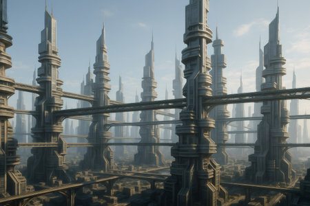 Bridges connecting sleek, futuristic skyscrapers rise above a sprawling megacity, creating a stunning skyline under a clear blue skyの素材