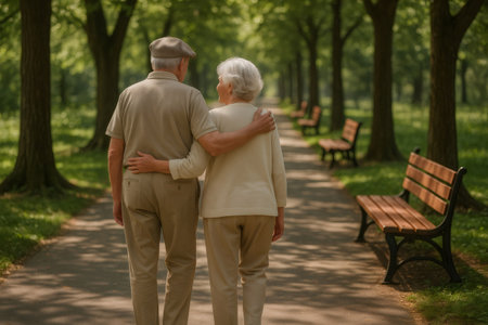 Senior couple enjoying a leisurely stroll in a sunny park, embracing their golden years with love and companionshipの素材